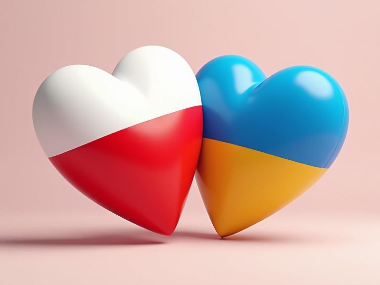 3D render digital poster symbolizes friendship between Poland and Ukraine with two hearts colored in state flags. Dynamic view creates an impression of movement.