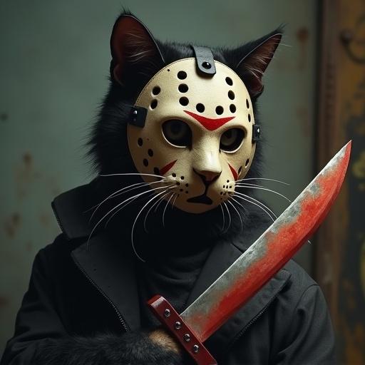 A cat with a hockey mask is holding a machete in its right hand. The scene has an 80's horror movie ambiance. Dark and menacing atmosphere surrounds the subject.