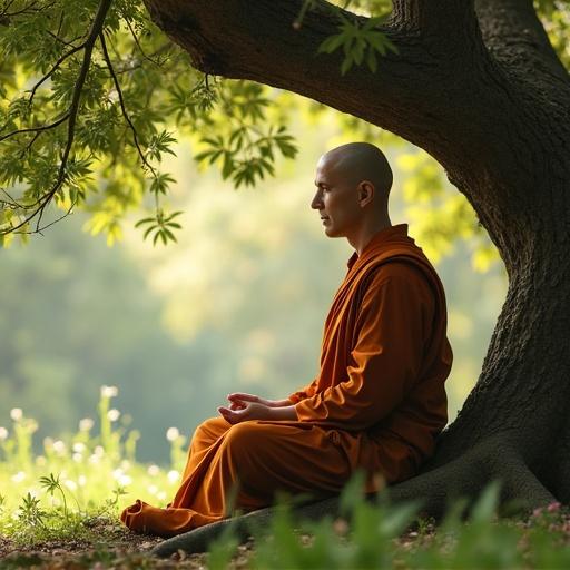 Monk in orange robe meditates under a large leafy tree. Soft natural light creates a peaceful scene.