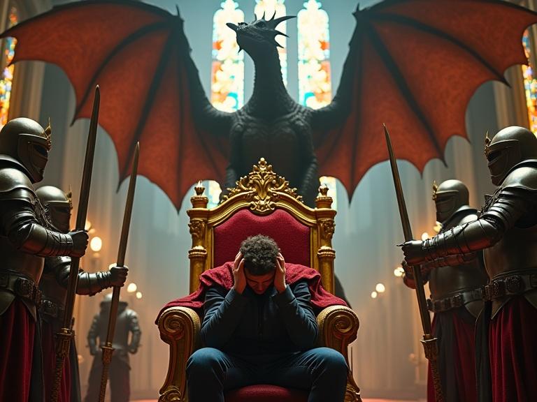 A grand medieval hall with colorful stained-glass windows. A modern-day king on a golden throne. The king holds his head in despair. A massive dragon with outstretched wings looms over him. Surrounding the king are four armored knights with swords raised. The camera circles the scene capturing the tension and contrast between the king and the fantasy setting.