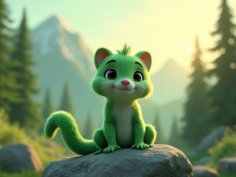 Cute green furry animal sits on a rock in a wooded area with mountains behind. The scene is warmly lit by sunlight from behind, creating a charming atmosphere. Soft blur enhances focus on the animal.