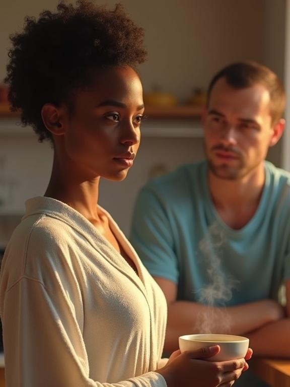 A Nigerian woman with natural hair in a morning robe holds a bowl of steaming coffee. A surprised-looking Nigerian man in a sky blue shirt and jean shorts looks on. The scene is set in a kitchen with soft ambient lighting and warm tones. Smooth skin textures and soft shadows are visible. The composition feels filmic with a focus on expressive faces and gentle bokeh.