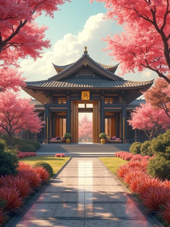 Anime style image depicting a futuristic mansion surrounded by cherry blossoms. The scene captures morning light in a vivid garden setting.