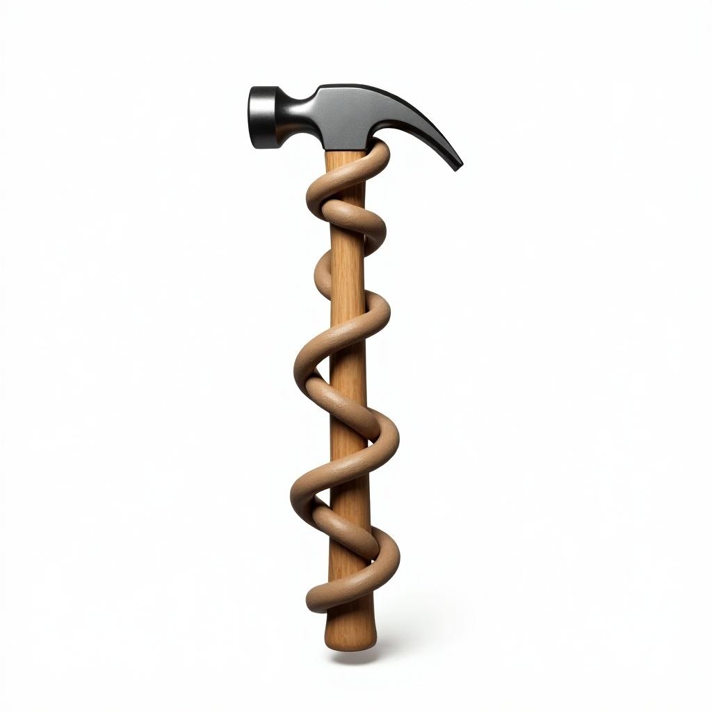 This is a hyper-realistic image of a traditional hammer featuring a metallic silver head. The handle is made of natural-colored wood and is presented in a chaotic knotted formation, making it impractical for use. Despite the strange deformation, the handle displays realistic textures, showcasing the natural wood grain. The intricate twists and bends of the handle appear physically impossible yet visually convincing. The background is pure white, which helps the hammer stand out as the central focus of the image.