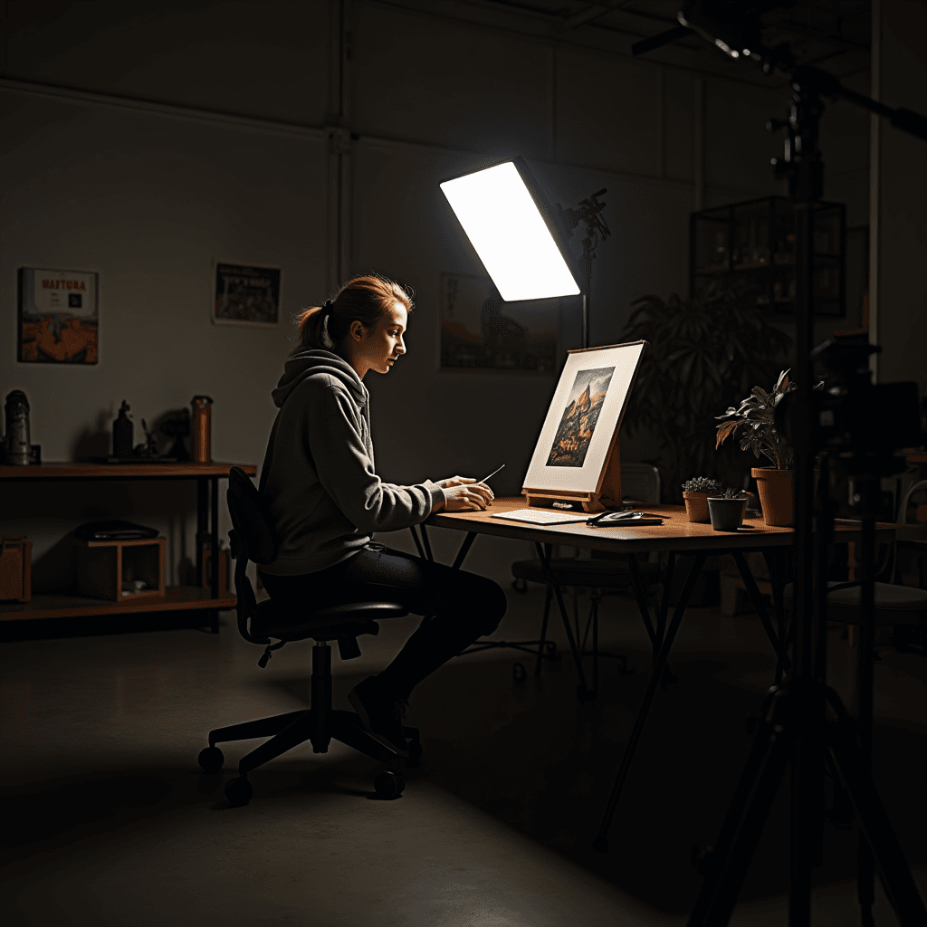 A person works intently on an art project in a dimly lit studio, illuminated by a large softbox light, surrounded by plants and work materials.