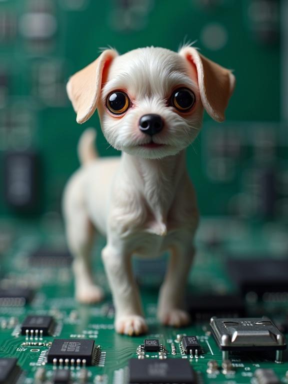 A tiny dog with a security camera as its head. The dog stands on an electronic printed circuit board. The background features intricate electronic components and patterns.