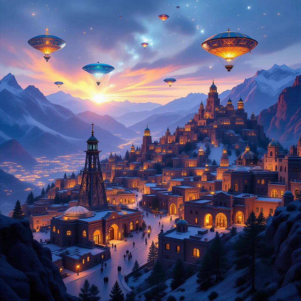 Aerial shot of a mystical capital city in the mountains at dawn. Gorgeous architecture includes 3D-printed structures and stone buildings. Sparse alien technology with blimps and hot air balloons. Magical nebula enveloping the scene.