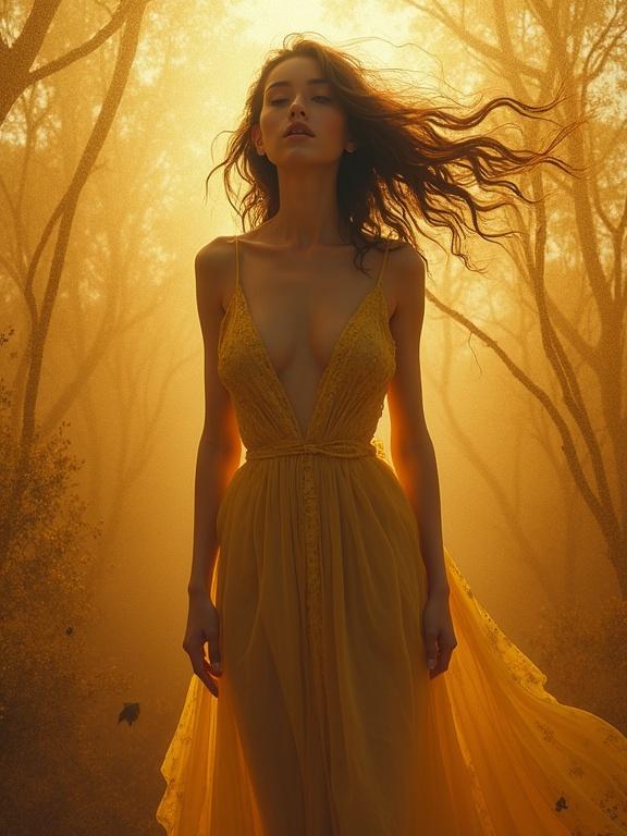 Stunning see-through portrait in a surreal landscape. Figure stands in a flowing yellow gown. Eerie, swirling background. Expression shows disappointment and astonishment. Warm amber and gold tones create an ethereal glow. Abstract patterns complement the scene. Perfect sharpness. Masterpiece.