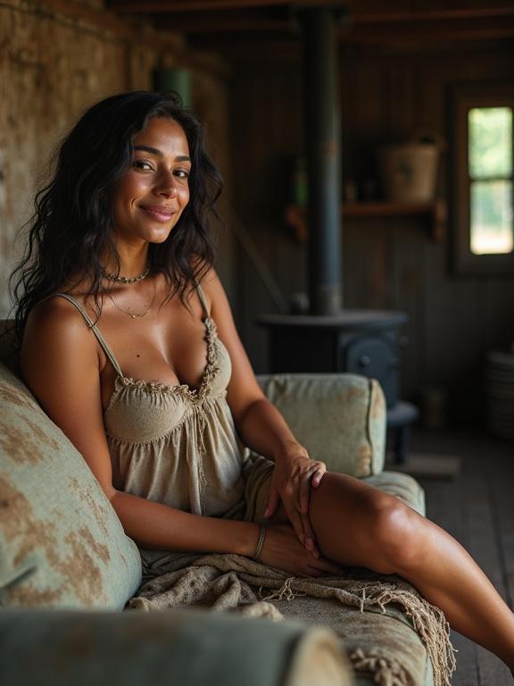 Beautiful young woman sitting sideways on old sofa in rustic cabin. Worn jute dress with frayed edges. Displaying charming smile in natural light. Captures cozy, rustic interior atmosphere. Full body shot with shallow depth of field.