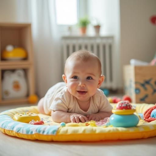 Happy baby laying down in a toy play mat. Cheerful kid-friendly room with toys. Bright colors and natural light. Photorealistic image.