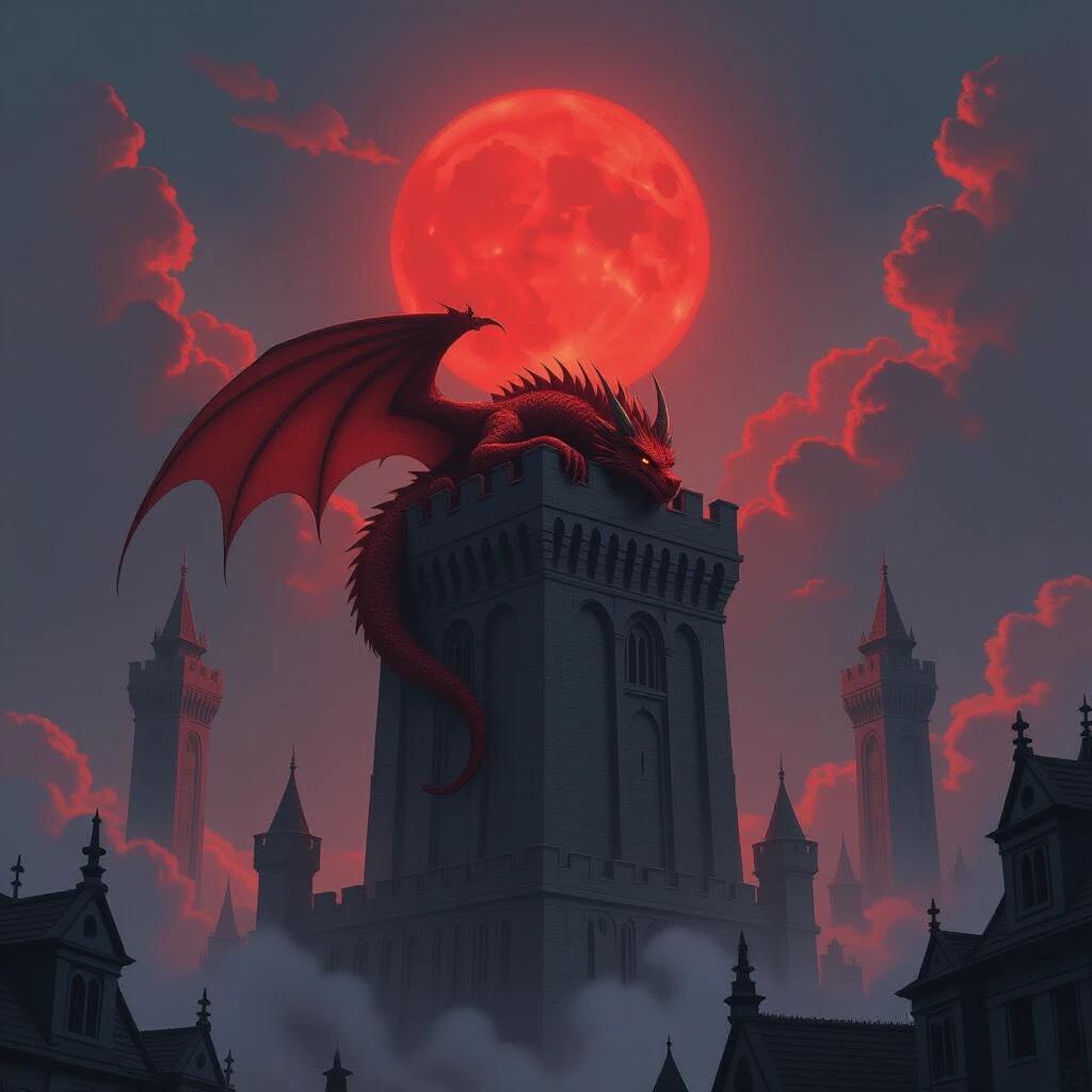 A massive tower rises under a red sun. A red dragon sleeps on the tower. Other tall towers surround the scene. The atmosphere is dark and fantasy-themed. Realistic details create a cinematic quality. The setting is serious and epic in scale.