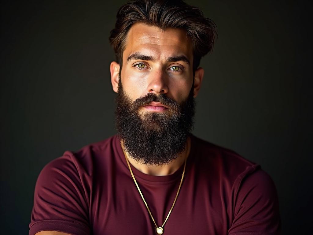 Close up portrait of a young man with green eyes and a long beard. He wears a burgundy t-shirt and has a muscular physique. The man poses confidently with a gold necklace.