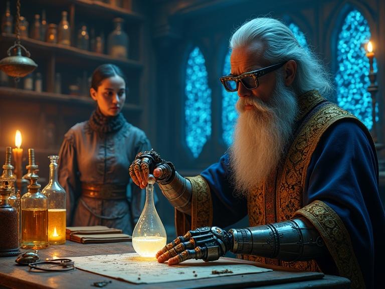 A medieval alchemist's workshop features warm candlelight and blue holographic screens. The alchemist, a wise figure with a silver beard, wears embroidered robes and augmented reality glasses. A mechanical arm pours glowing liquid into a beaker. A robotic assistant dressed in Renaissance attire organizes ingredients. The atmosphere blends mysticism with advanced technology.