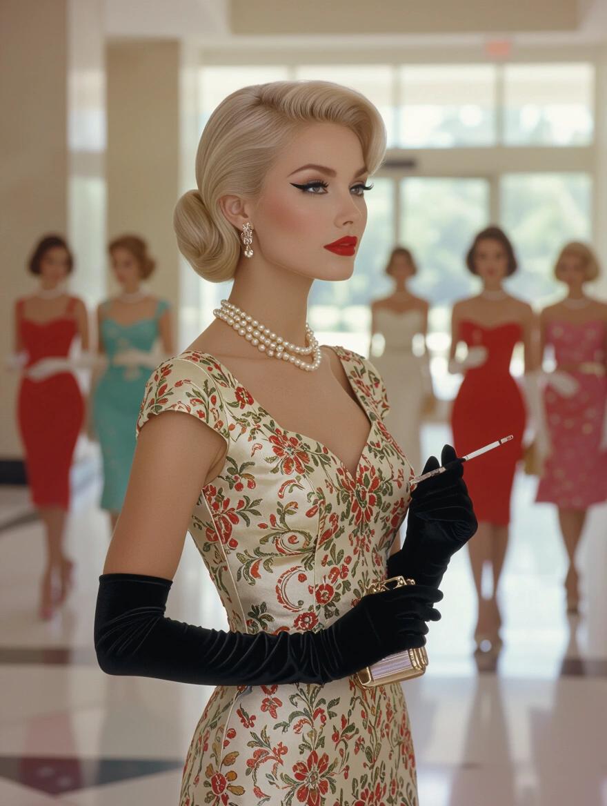 Stunning portrait of a solo woman from the 1960s in a formal brocade gown. The woman has platinum blonde hair styled in an updo. She stands in a sorority lobby. Other women are in the background. Holding a clutch in one hand and a cigarette in the other. The elegant look features stockings, gloves, and a pearl necklace. She has flawless makeup, winged eyeliner, and ruby red lips.