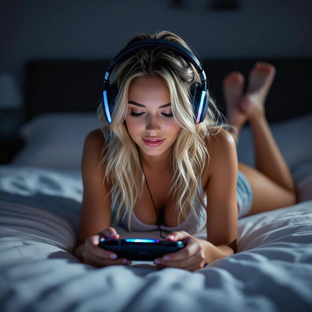 Girl with dirty-blonde hair is lying on her stomach in bed. She wears headphones and booty shorts while playing on a handheld console. The lighting is dark and moody.