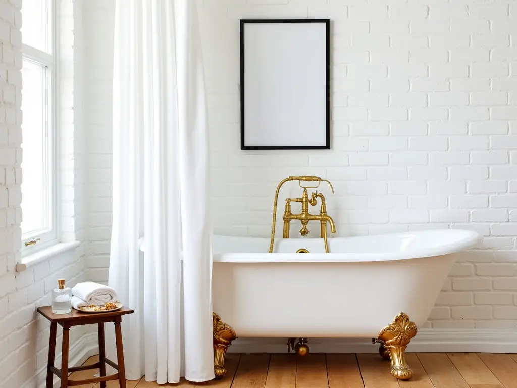 The bathroom scene features a vintage freestanding bathtub with intricate gold fixtures. A white shower curtain drapes elegantly beside the tub. On the floor, there are neatly folded white towels next to a small wooden stool. The stool holds two glass bottles and a small dish, possibly for bath accessories. A blank black picture frame hangs on the white brick wall, waiting to be adorned with art or a personal photo. The wooden floor adds a warm touch to the calming atmosphere of the space.