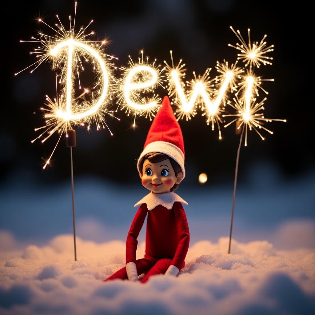 The image showcases a snowy landscape with an elf in a playful pose. The elf is surrounded by a soft white blanket of snow. Above her, the name 'Dewi' is crafted from glowing sparklers. The background is dark, which enhances the brightness of the sparklers. This festive scene captures the essence of the Christmas spirit.