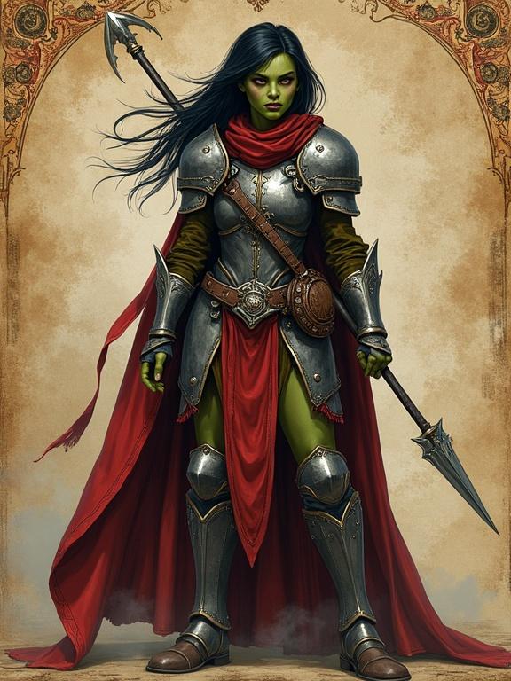 Full-length character design of Kerash. Goblin woman in heavy armor. Black karee hair. Holding a spear. Dark fantasy ambiance with arcane diagrams. Background includes magical notation on ancient parchment. Include painted portrait of Kerash expressing pride. Use dramatic shadows and vibrant colors.