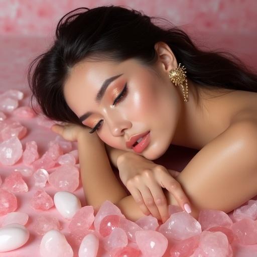 Elegant woman with glowing makeup lies on pink marble. She wears gold earrings. Surrounded by polished pink stones. Soft and warm lighting enhances her features.