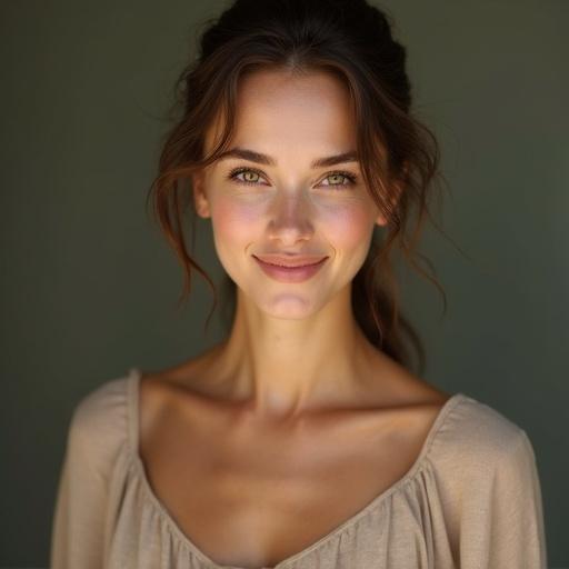 8K portrait showcasing a stunning 25-year-old woman from a European village. Captured in natural light wearing a flattering linen dress. Features include porcelain skin, warm almond-shaped eyes, and a gentle maternal smile. Display of soft lighting and elegant posture emphasizing her upper body.