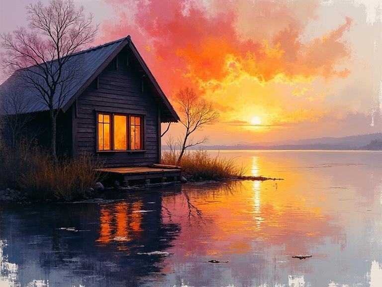 Dramatic abstract painting of serene hut at sunset. Glowing light from hut windows. Dark ink splatters around base. Background vibrant oranges and purples contrasting with whites and grays. Expressionistic high contrast. Chaotic energy around calm scene.