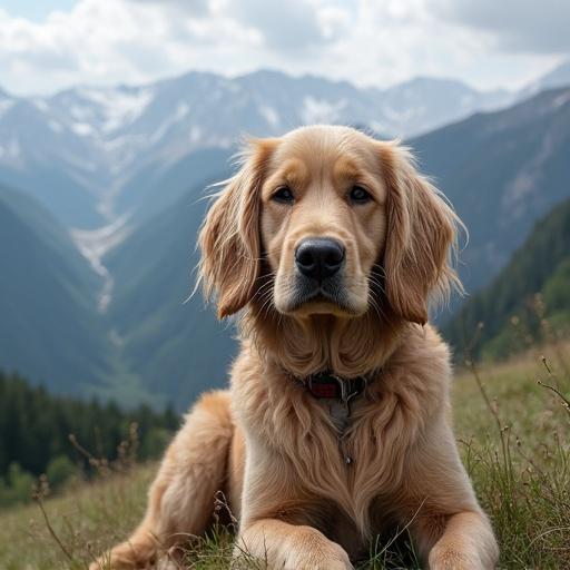 A golden retriever dog sitting peacefully in a mountainous landscape. Natural scenery with mountains in the background and green grass in the foreground.