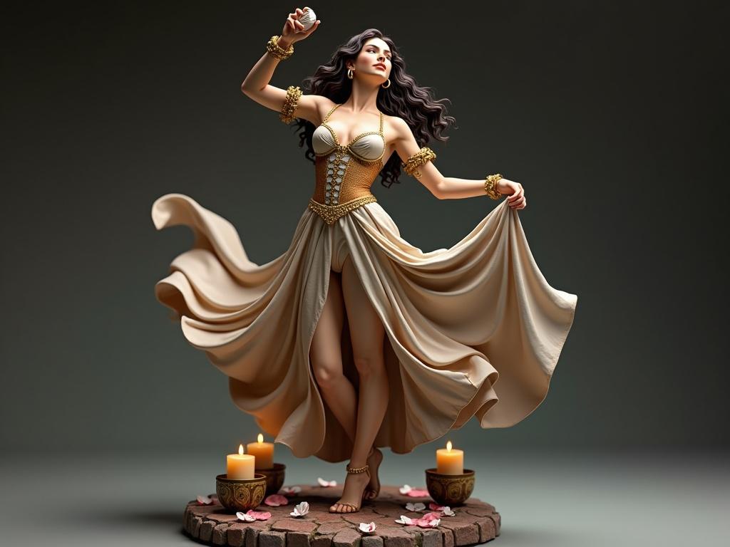 A hyper-detailed collectible resin statue of a powerful gypsy dancer. The dancer is captured mid-motion with one leg extended and a swirling skirt. She wears a low-cut corset and a high-slit skirt. Her dark hair cascades down her shoulders. She holds a tambourine and balances gracefully. The base includes cobblestones, candles, and petals. The lighting is soft with realistic shadows and texture.