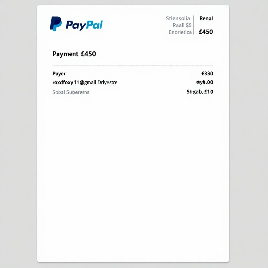 PayPal payment receipt shows transaction for £450. Displays PayPal logo. Includes payer details and transaction amount. Design is clean and suitable for online payments.