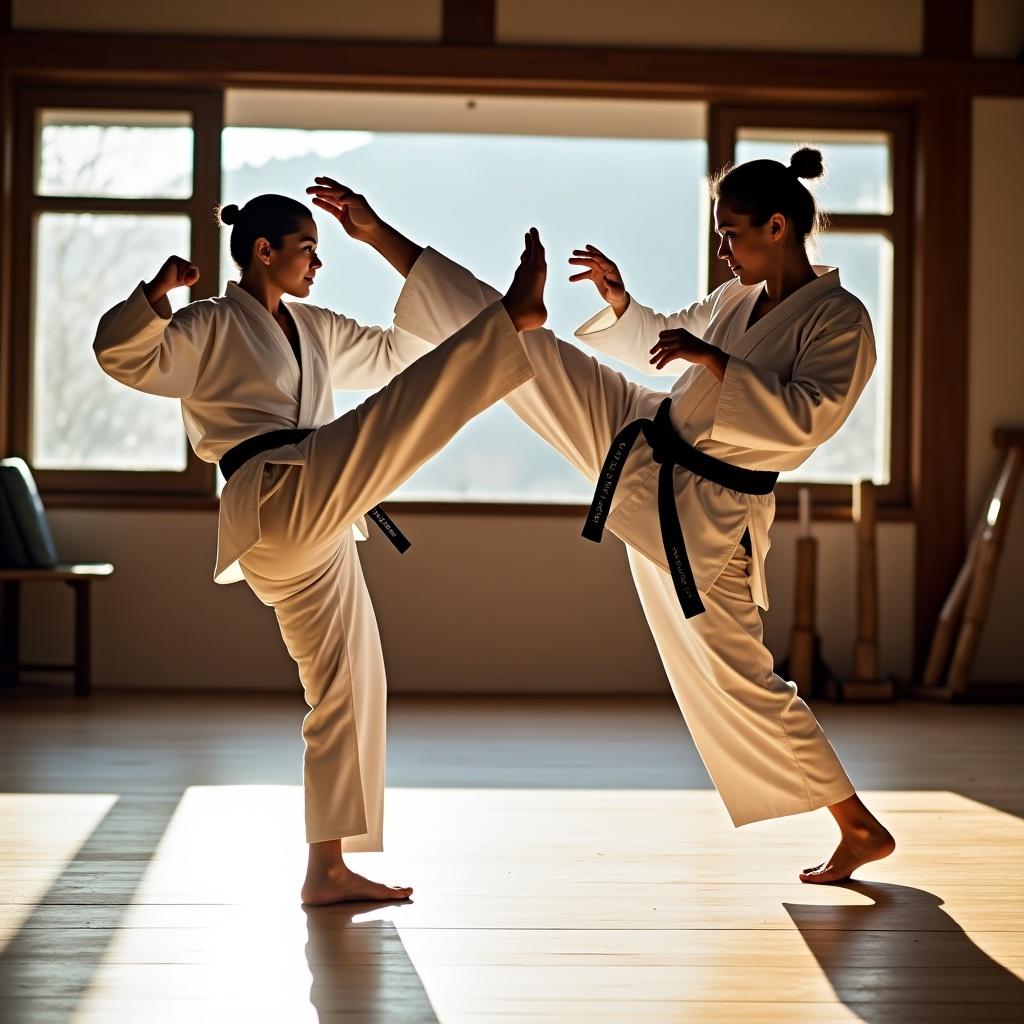 The image depicts a martial arts training session inside a dojo. Two practitioners are engaged in a dynamic exchange, showcasing their skills. One individual, wearing a black belt, executes a high kick, while the other, in a white belt, defends against the blow. The natural light streaming through the windows adds to the atmosphere of focus and determination. Wooden training equipment can be seen in the background, emphasizing the traditional setting.