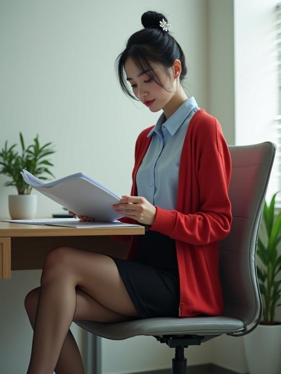 Full-body image of an East Asian female agent. She sits at her desk and reads her intel files. Agency building features off-white walls. She wears a light-blue blouse and black knee-length skirt. A cherry-red cardigan is worn outside. Black pantyhose and black closed-toe heels with ankle-strap. Hair is styled in a neat bun with a flower hair clip. Background has modern ambiance.