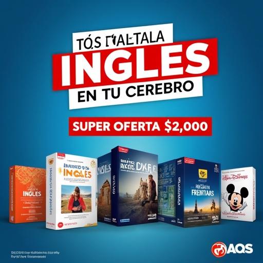 Publicidad moderna para cursos de inglés. Productos sobre fondo azul degradado. Textos grandes en rojo y blanco. Oferta de cursos de inglés destacada.