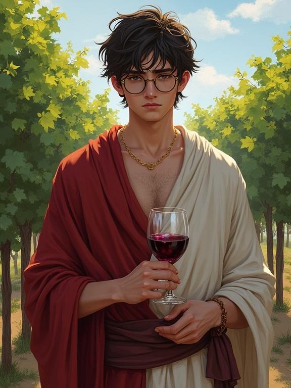A young timid man in his early twenties wears round glasses and a robe. He looks worried and pensive while standing outdoors among vines. He holds a glass of red wine. The style reflects anime and fantasy elements.