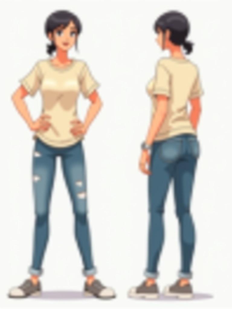 Anime character shown in T-pose from front and side views. Character wears light t-shirt and skinny jeans. Sleek hairstyle enhances design details.