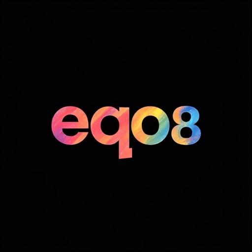 Logo design includes letters 'eqo8'. Thick rounded lettering used. Rainbow colors fill each letter. Diagonal lines incorporated fashionably. The background is black.