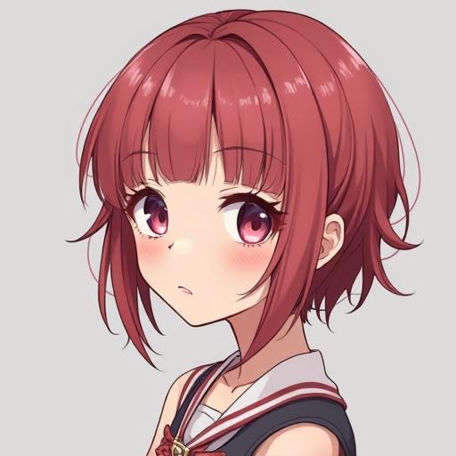 Anime character with short red hair and big eyes, wearing a school uniform, simplistic background, cute expression