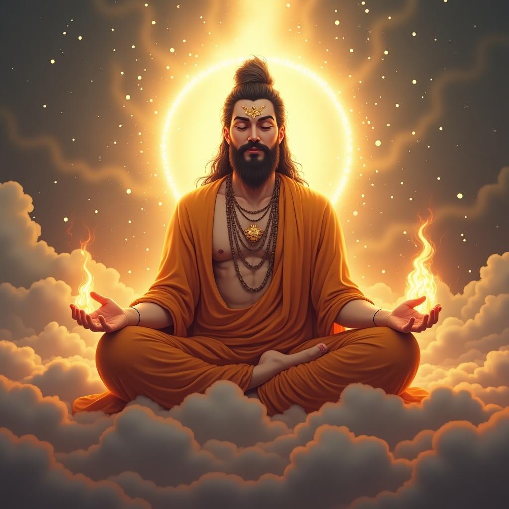 This image features a digitally illustrated meditative figure resembling a deity. The figure is adorned in traditional attire, exuding a serene and divine presence. A glowing aura surrounds the deity, enhancing the mystical atmosphere. Depictions of clouds and fire-like elements add depth and intrigue. The overall composition invites viewers into a state of tranquility and contemplation.