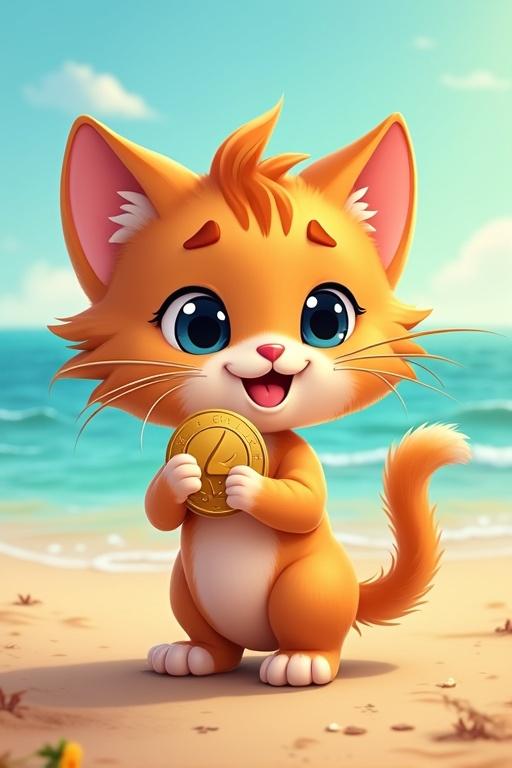 Animated character of a cute baby Maine Coon kitten. Kitten holds a coin. Background features a beach setting.