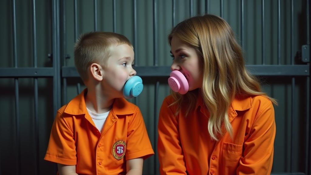 Mother and her son sit in a jail cell. Both wear orange jumpsuits and big pacifiers. The son has a large blue pacifier. The mother has a pink pacifier. She pretends to be sad while explaining prison rules. They look happy about spending time in prison together.