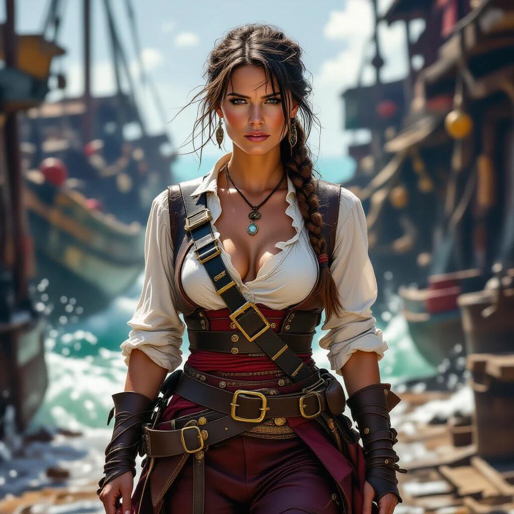 Oil painting of a resilient pirate captain with weathered skin and a determined gaze. She has a scar on her left breast and braided hair with found objects. Wears practical stylish clothing from repurposed leather. Set in a bustling dock with waves splashing. Heat haze distorts the environment. Mood is melancholic yet hopeful. A sloop in the distance reflects beauty and future promise.