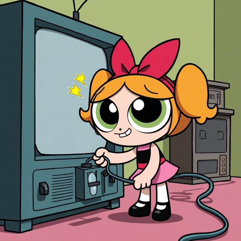 In a classic Powerpuff Girls style, the image features Docinho in a playful scenario. She is intently working on an electrical cable, trying to get the TV to catch a better signal. The background showcases a retro TV with a static screen and vivid colors that pop, typical of the series’ animation style. Sparks humorously fly from the cable, adding a lighthearted touch. Docinho's determined expression drives the amusing scene forward, making it engaging and lively.