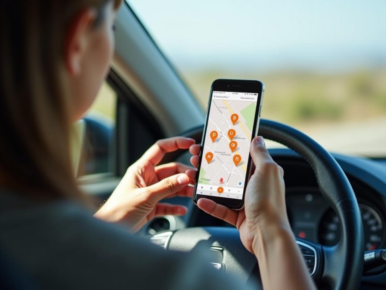 The image shows a person holding a smartphone inside a car. The phone screen displays a map with several locations marked by orange pins. The background suggests it's a sunny day, revealing a blurred landscape outside the car. The steering wheel is partially visible, indicating that the person is likely driving or navigating. The map appears clear, suggesting that the app is focused on route planning or finding locations. Overall, the scene conveys a feeling of travel or navigation.