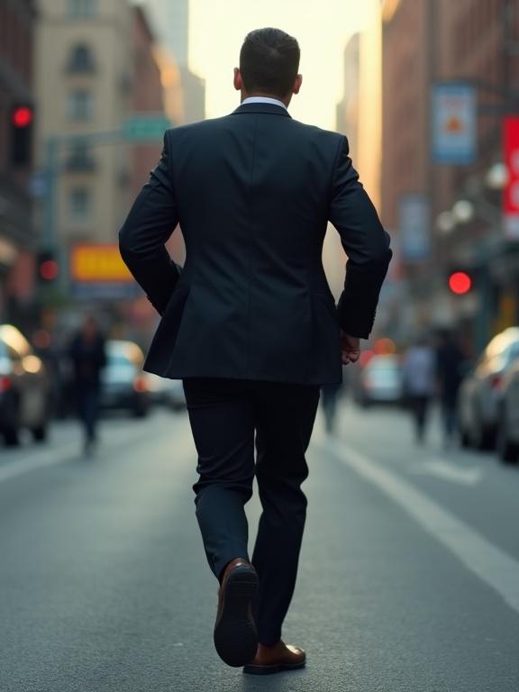 A Latino man in a dark suit and dark shirt is running down a busy street. He has his back to the camera. He looks back in fear. Realistic full body shot.