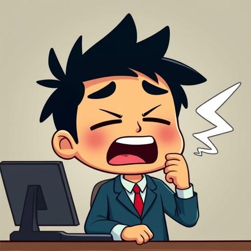 Cartoon character with dark circles under eyes yawns and expresses sleepiness while sitting at office desk. Character wears a formal suit and has spiky hair.