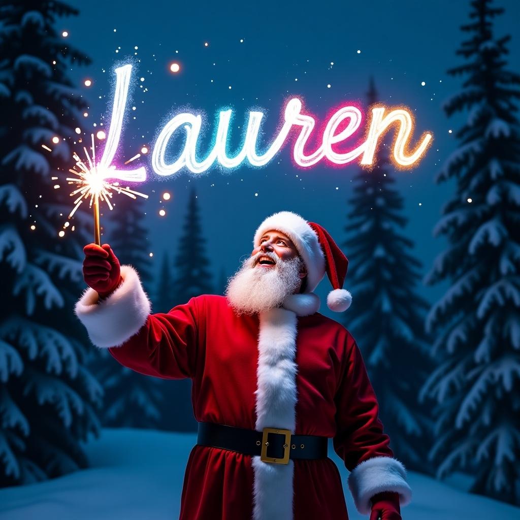 A Christmas scene with Santa Claus writing 'Lauren' in the sky with a colorful glow pen while looking up. Snow-covered trees are in the background, creating a festive and magical atmosphere. Santa holds a sparkler, adding to the celebratory vibe.