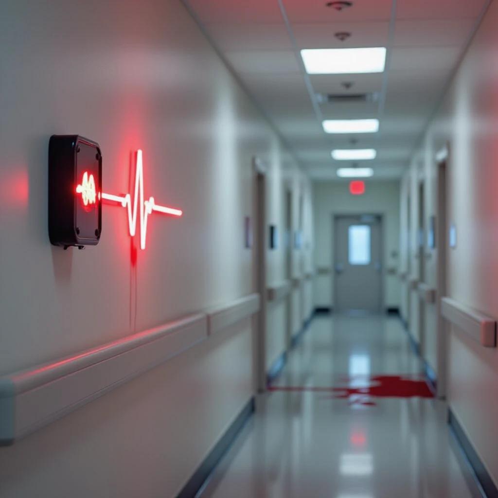 A long, deserted hospital hallway. A red heartbeat light is on the wall. The floor has a blood stain. The far end features a broken door.