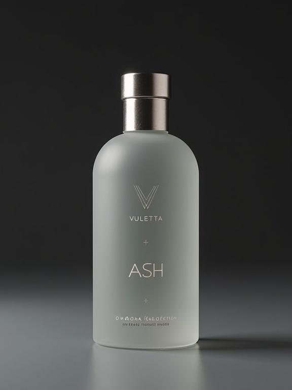 Luxury perfume bottle for ASH part of O'Háodha Collection. Frosted stone-gray glass design. Modern minimalist font for VULETTA. Crisp uppercase ASH. Soft slate-gray lettering for O'Háodha Collection. Brushed pewter cap. Studio background with matte charcoal gradient. Soft overhead glow.