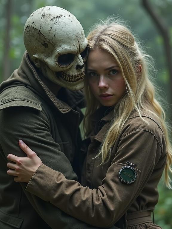 A pale, eyeless being with a stretched skin mask and too many fingers, crawling like a spider, is attacking a beautiful young Slavic tribal blonde woman in a torn explorer's uniform. The setting is atmospheric with a forest background.