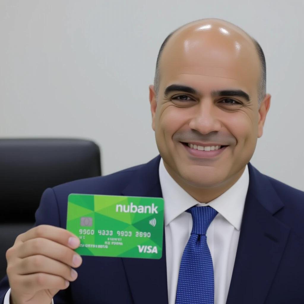 A man holding a blocked Nubank credit card and dressed in a suit. The card features a green design with a VISA logo. Focus is on the card and his hand.