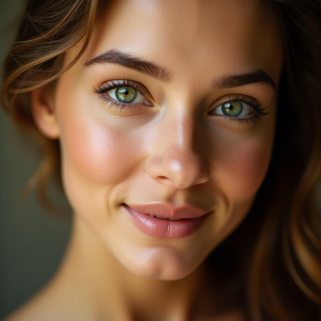 Close-up portrait showcasing a young woman with striking green eyes. Natural makeup and warm soft lighting. Serene atmosphere with an inviting expression, highlighted features. Focus on beauty in a blurred background.