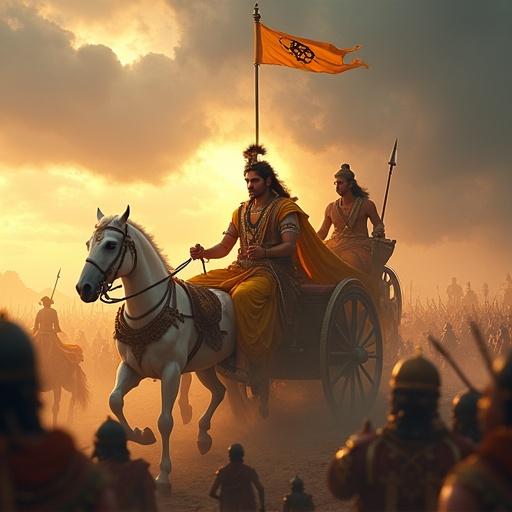 Hyper-realistic depiction of Lord Krishna on a chariot. Adorned in golden attire. Serene expression. Arjuna seated beside. Background shows chaos of battle and calm divine aura. Chariot drawn by white horses. Flag of Hanuman waving. Captures Bhagavad Gita's pivotal moment.